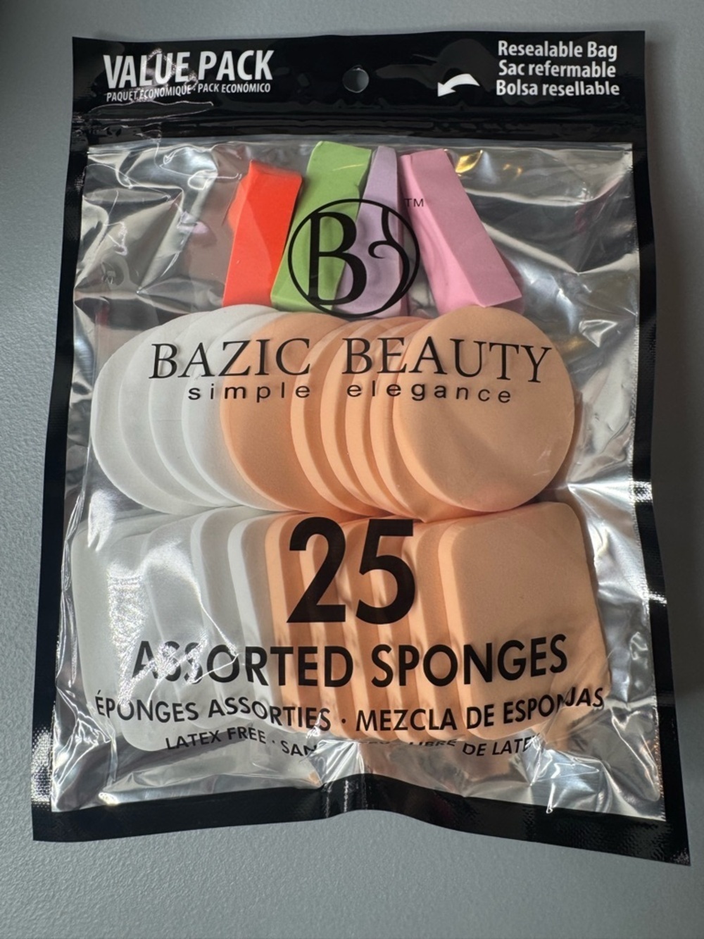 Bazic Beauty Assorted Makeup Sponges value pack 25 pieces resealable bag